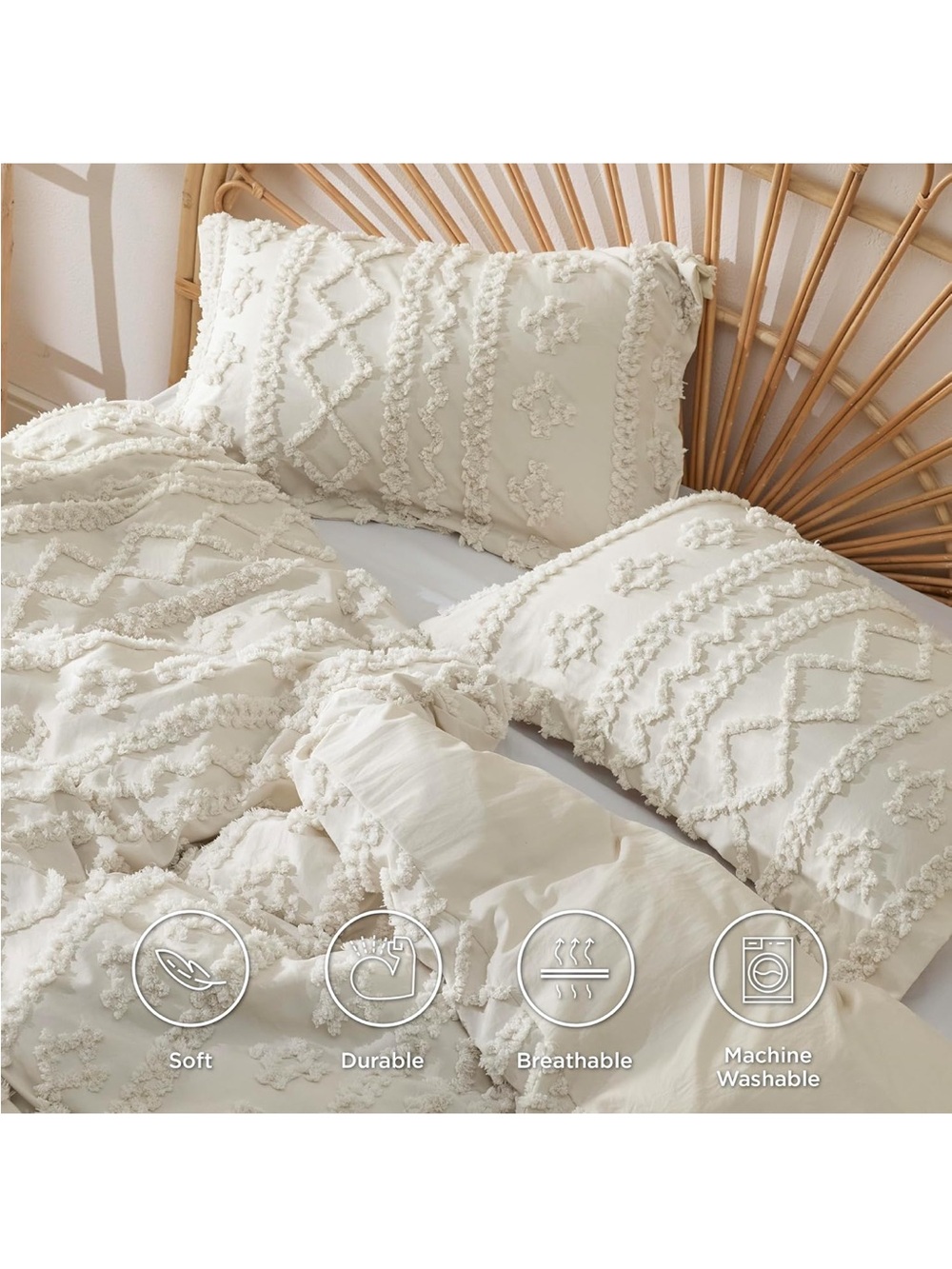 Textured Beige Tufted Cotton Pillow Sham and Duvet Cover - TWIN